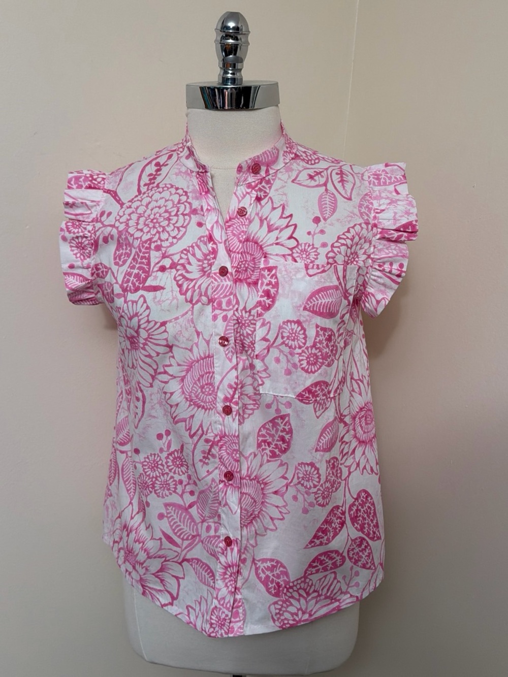 Yolly Italy Pink & White Floral Batik Ruffle Sleeve Cotton Top S